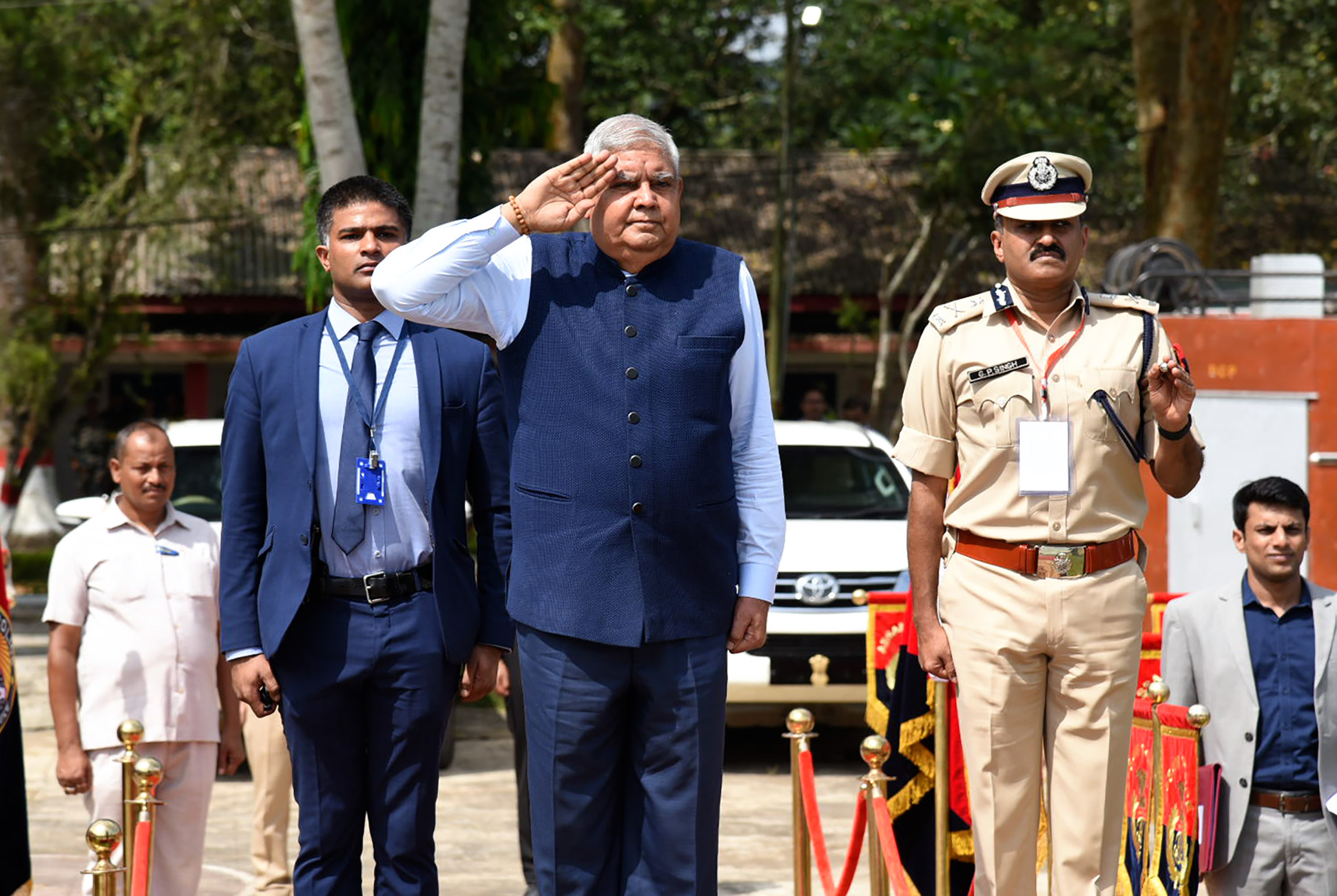 The Vice President, Shri Jagdeep Dhankhar inspecting the Guard of Honour on his arrival in Guwahati, Assam on September 22, 2022.