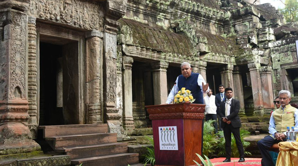 The Vice President, Shri Jagdeep Dhankhar at Ta Prohm Temple in Siem Reap, Cambodia on November 13, 2022. The External Affairs Minister, Dr. S. Jaishankar is also present.