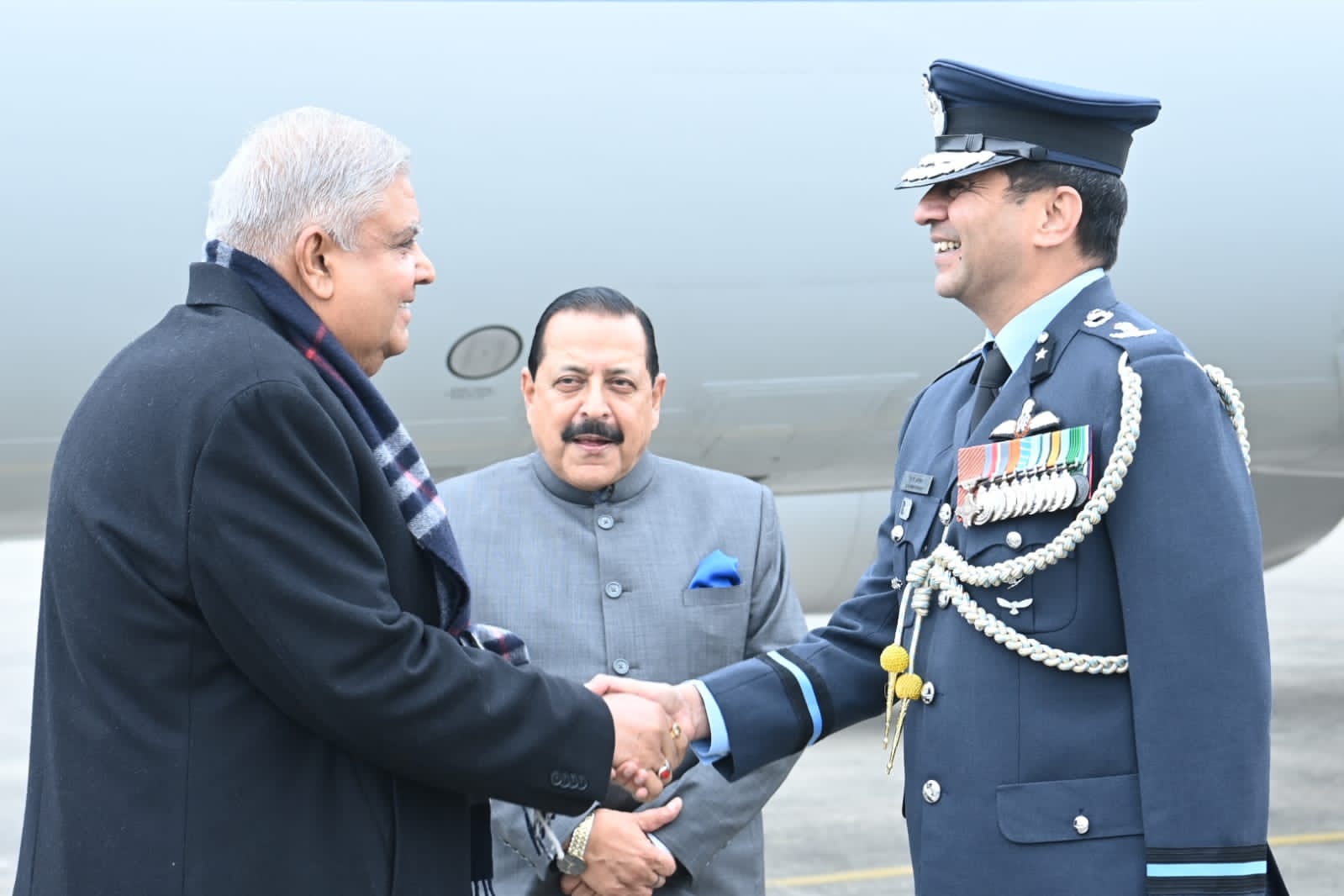 The Vice-President, Shri Jagdeep Dhankhar being welcomed by Union Minister, Shri Jitendra Singh and other dignitaries on his arrival at Pathankot Airbase in Punjab on January 4, 2024. 
