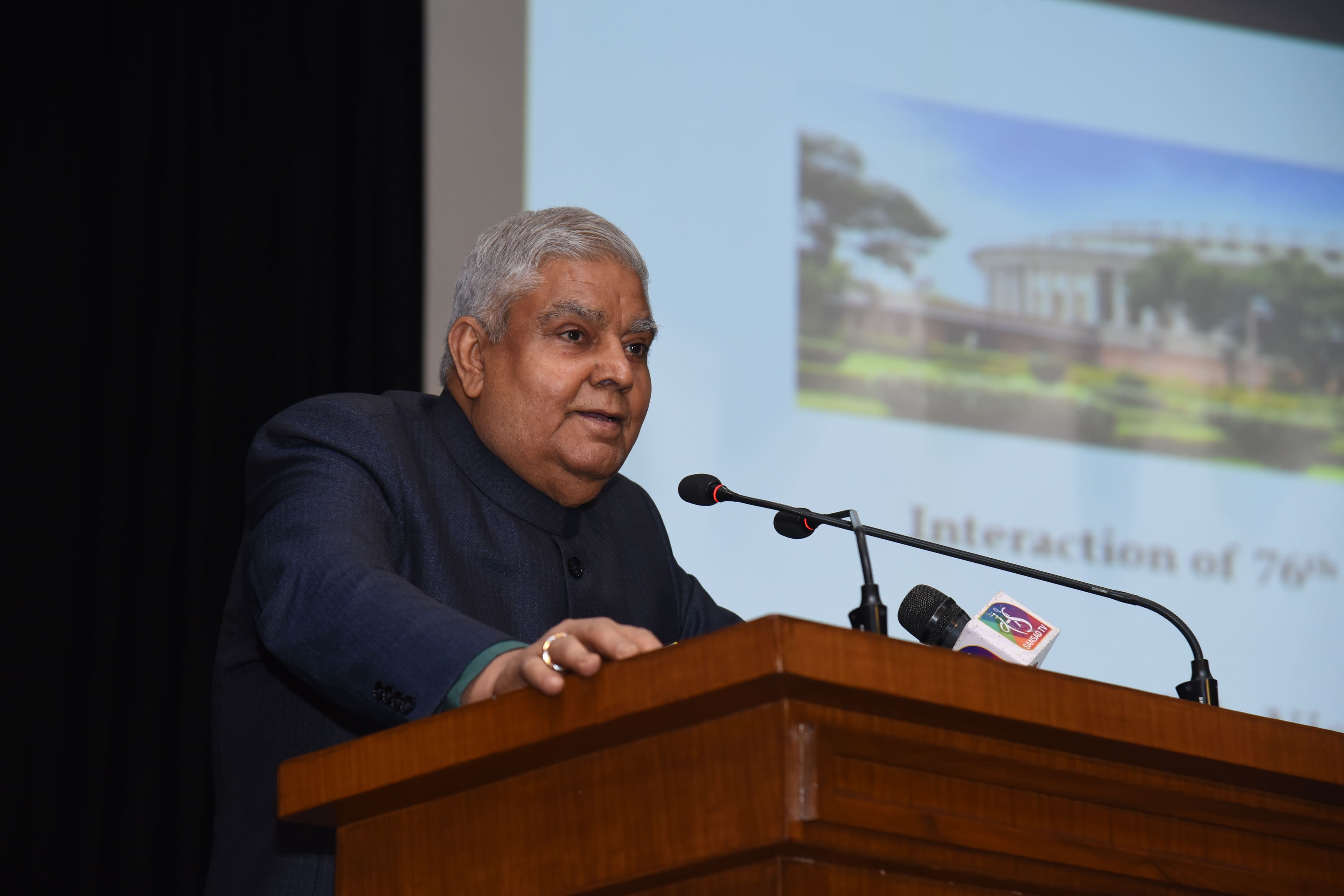 The Vice President, Shri Jagdeep Dhankhar addressing the Officer Trainees of the 76th batch of Indian Revenue Services at  Parliament House Complex, New Delhi on March 13, 2023.