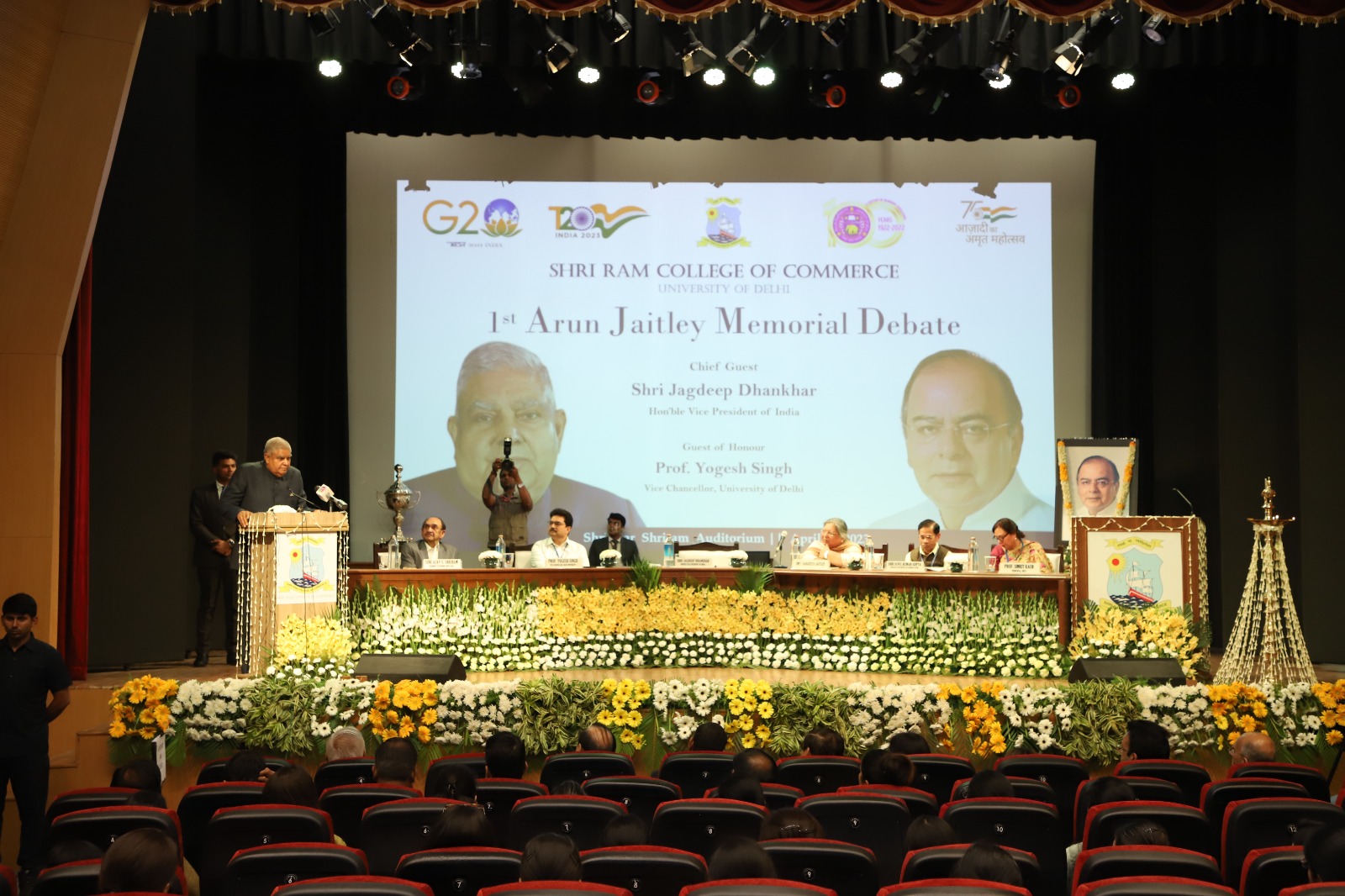 The Vice President, Shri Jagdeep Dhankhar addressing the gathering at 1st Arun Jaitley Memorial Debate being held at Shri Ram College of Commerce, University of Delhi on April 26, 2023. 