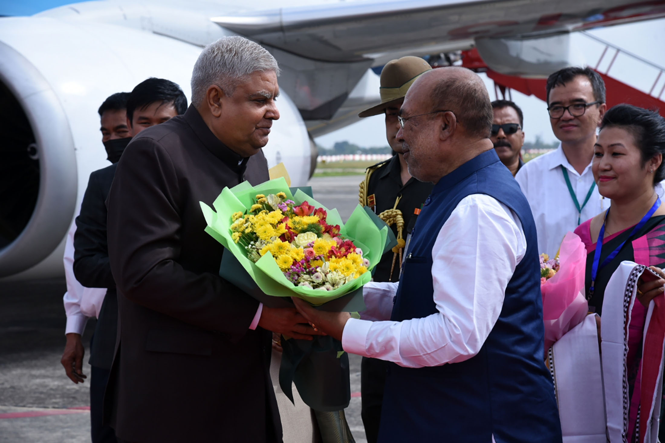 The Vice President, Shri Jagdeep Dhankhar and Dr Sudesh Dhankhar being welcomed by Ms. Anusuiya Uikey, the Governor of Manipur and Shri N. Biren Singh, Chief Minister of Manipur on their arrival in Imphal on May 3, 2023 .