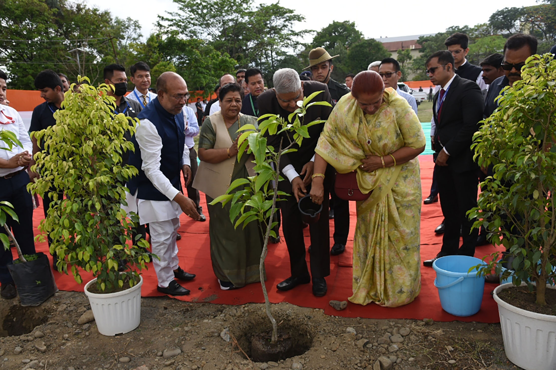 The Vice President, Shri Jagdeep Dhankhar and Dr Sudesh Dhankhar planting a sapling at Dhanamanjuri University Campus in Imphal, Manipur on May 3, 2023.