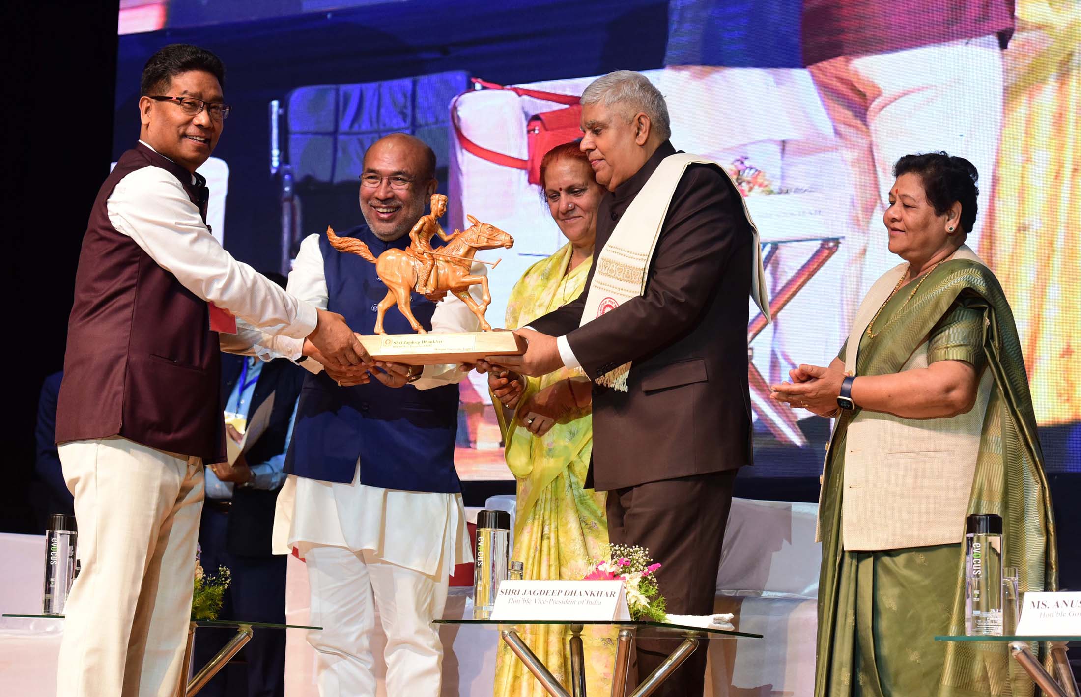 The Vice President, Shri Jagdeep Dhankhar being falicitated during an Interaction Programme with Faculties, Scientists and Master Craftpersons at Manipur University in Imphal, Manipur on May 3, 2023.