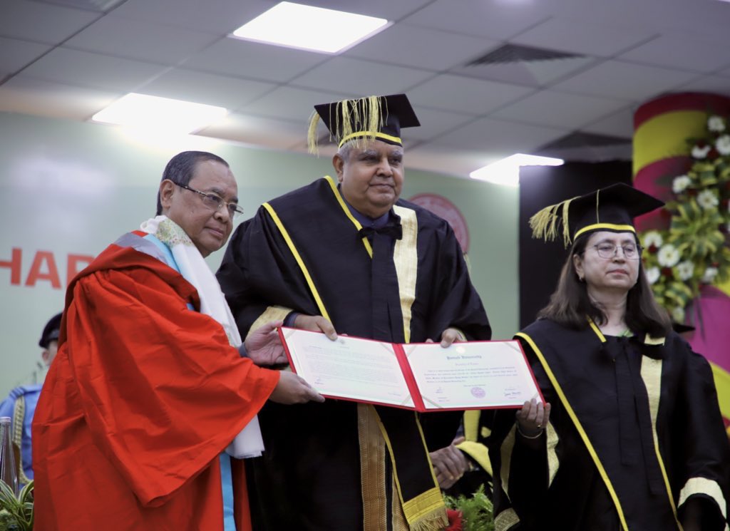 The Vice President, Shri Jagdeep Dhankhar conferring the Honoris Causa (Doctor of Laws) on the 46th Chief Justice of India and Member of Parliament (Rajya Sabha), Hon’ble Justice Ranjan Gogoi at Panjab University in Chandigarh on May 20, 2023.