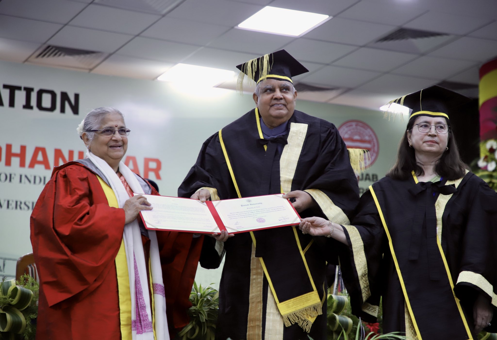 The Vice President, Shri Jagdeep Dhankhar conferring the Honoris Causa (Doctor of Literature) on noted educator, author and philanthropist, Dr Sudha N. Murty at Panjab University  in Chandigarh on May 20, 2023.