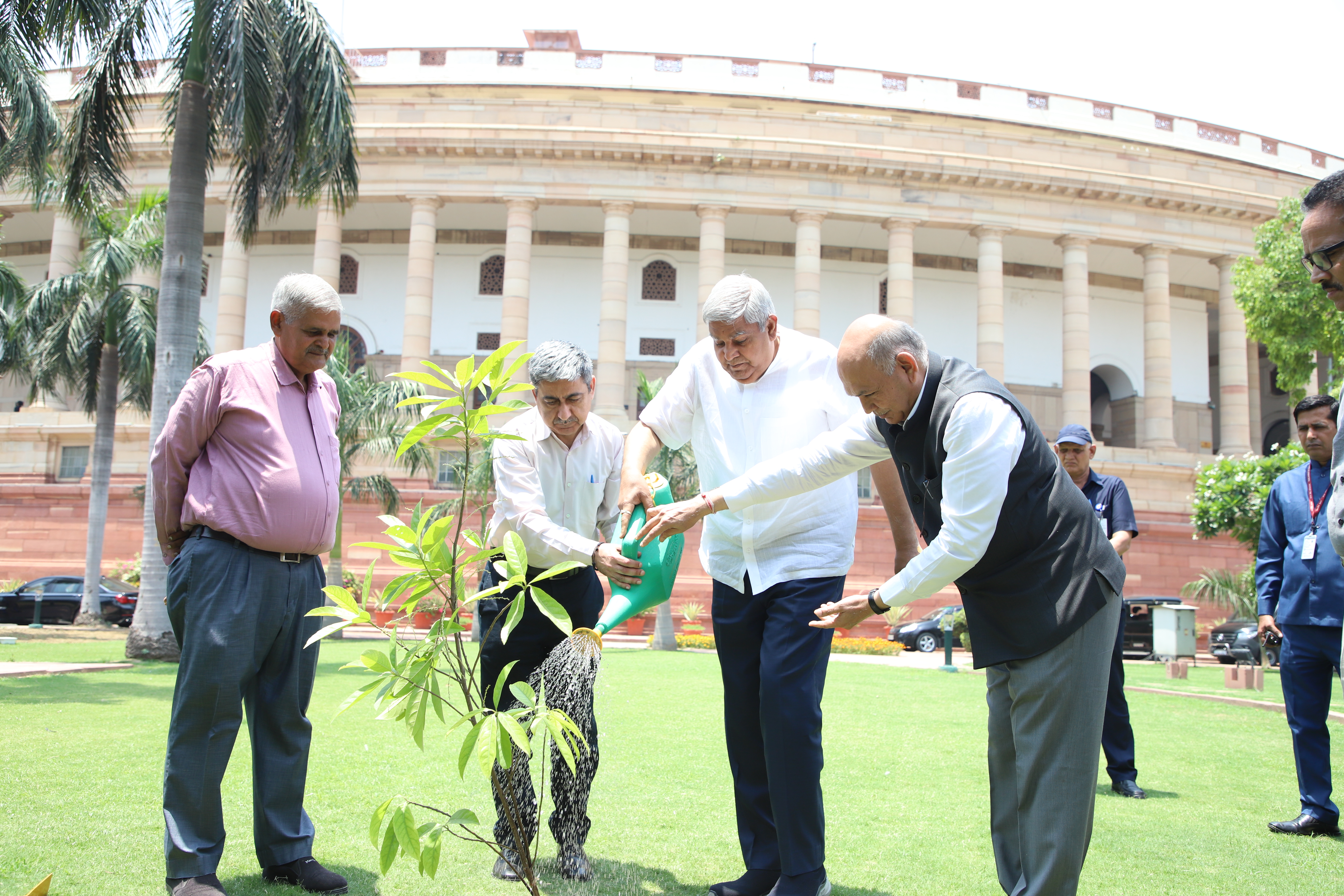The Vice President, Shri Jagdeep Dhankhar planting a Rudraksha sapling in the premises of Parliament House to mark World Environment Day on June 5, 2023.