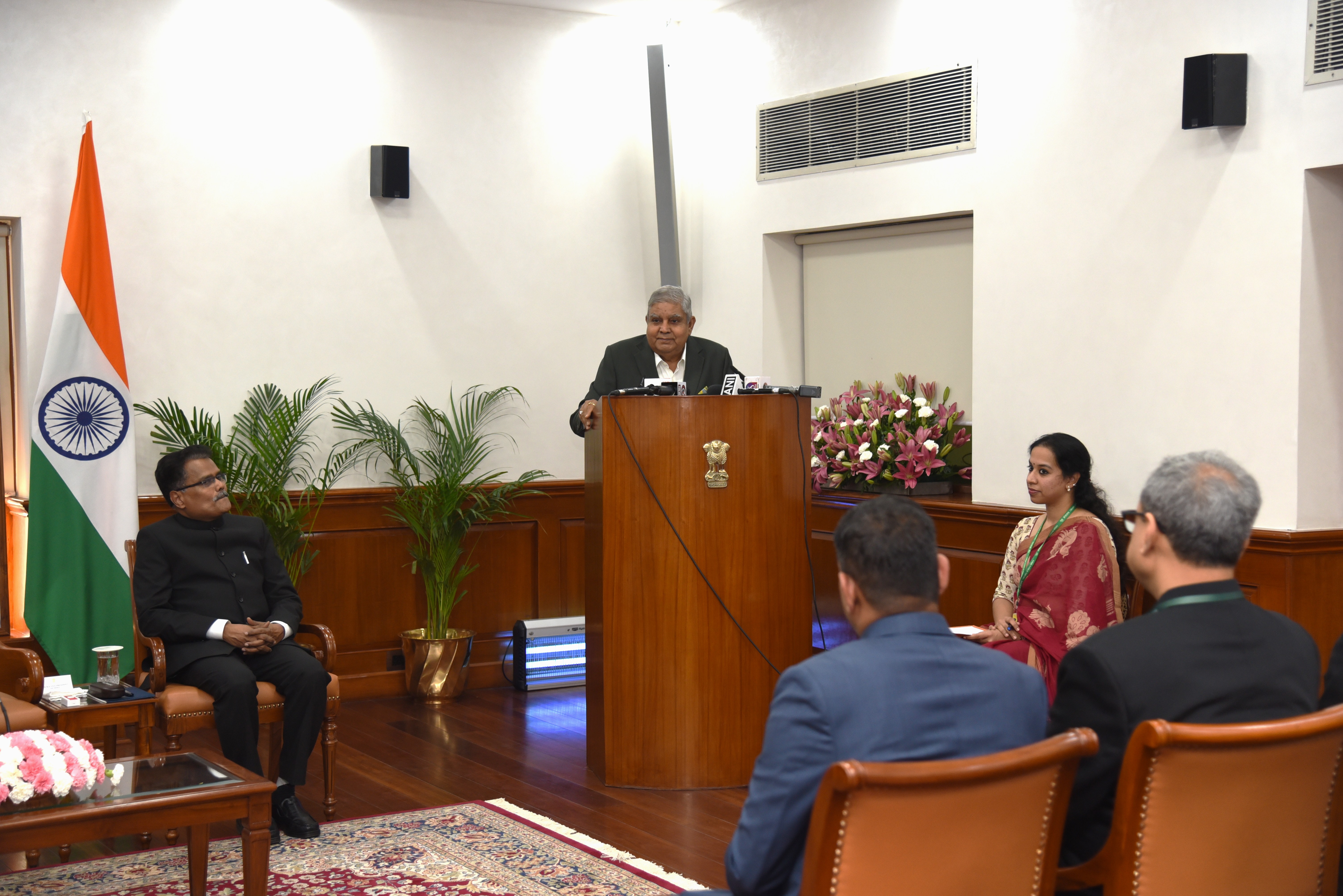 The Vice President, Shri Jagdeep Dhankhar addressing Officer Trainees of the Indian Defence Estates Service (IDES) at Upa-Rashtrapati Nivas in New Delhi on June 6, 2023.