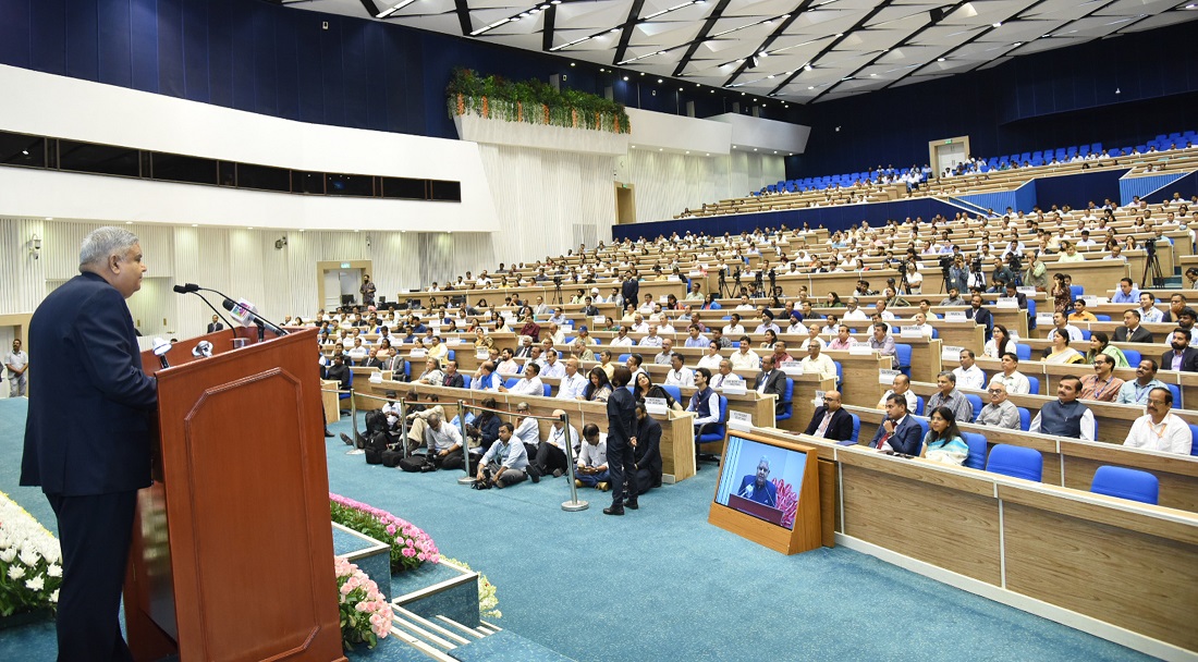 The Vice President, Shri Jagdeep Dhankhar addressing the gathering at the 4th National Water Awards ceremony held at Vigyan Bhawan in New Delhi on June 17, 2023.