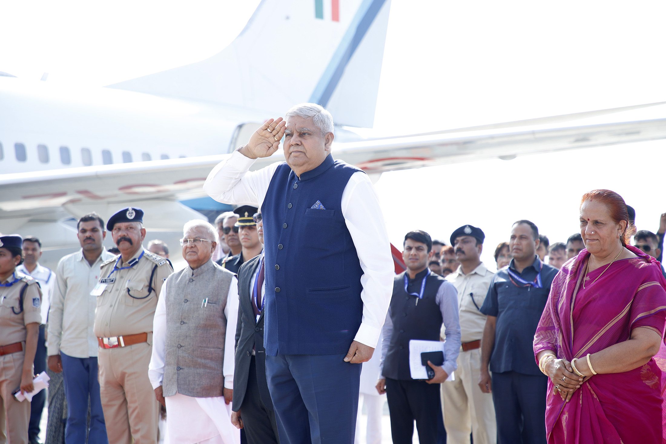 The Vice President, Shri Jagdeep Dhankhar inspecting the Guard of Honour at Dumna Airport in Jabalpur, Madhya Pradesh on June 20, 2023.