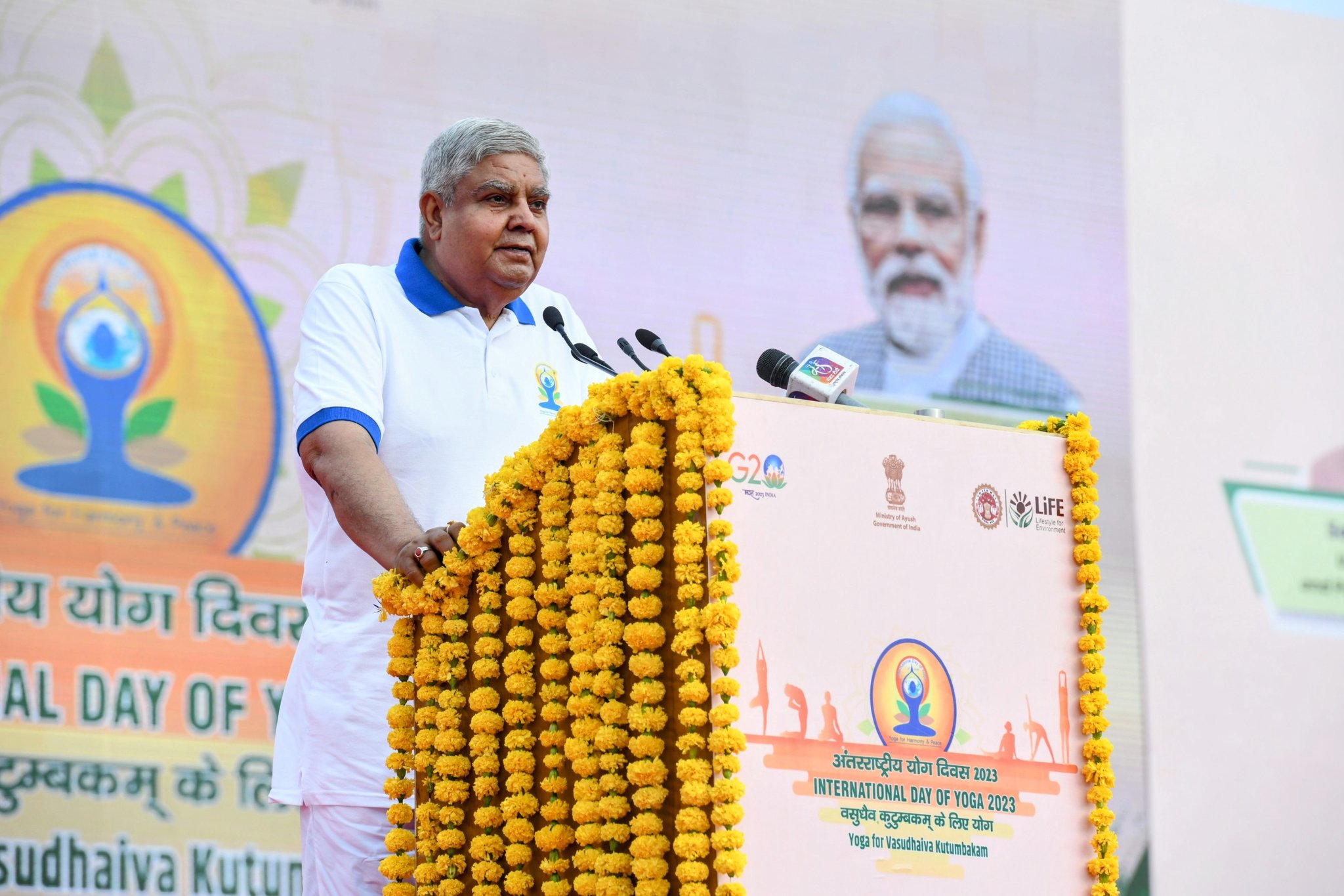 The Vice President, Shri Jagdeep Dhankhar, addressing the participants at the 9th International Day of Yoga celebrations in Jabalpur, Madhya Pradesh on June 21, 2023. 