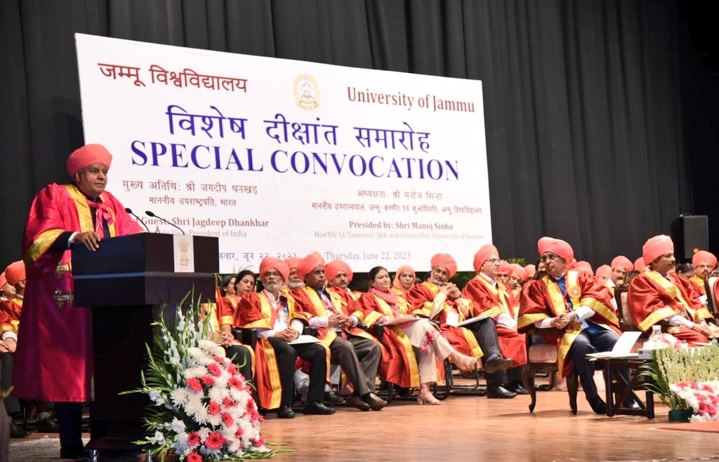 The Vice President, Shri Jagdeep Dhankhar, addressing the gathering at Special Convocation of University of Jammu in Union Territory of Jammu and Kashmir on June 22, 2023.