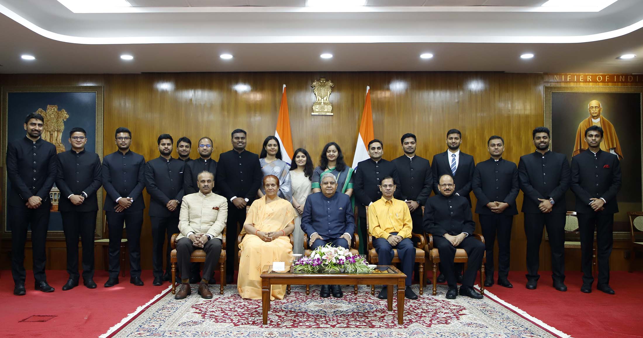 The Vice President, Shri Jagdeep Dhankhar with Indian Postal Service Probationers of 2021 and 2022 Batches at Upa-Rashtrapati Nivas in New Delhi on July 14, 2023.