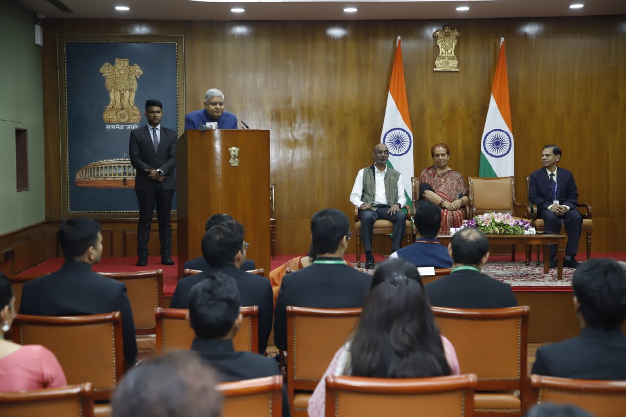 The Vice President, Shri Jagdeep Dhankhar, addressing Indian Foreign Service Officer Trainees of 2022 Batch at Upa-Rashtrapati Nivas in New Delhi on July 17, 2023.