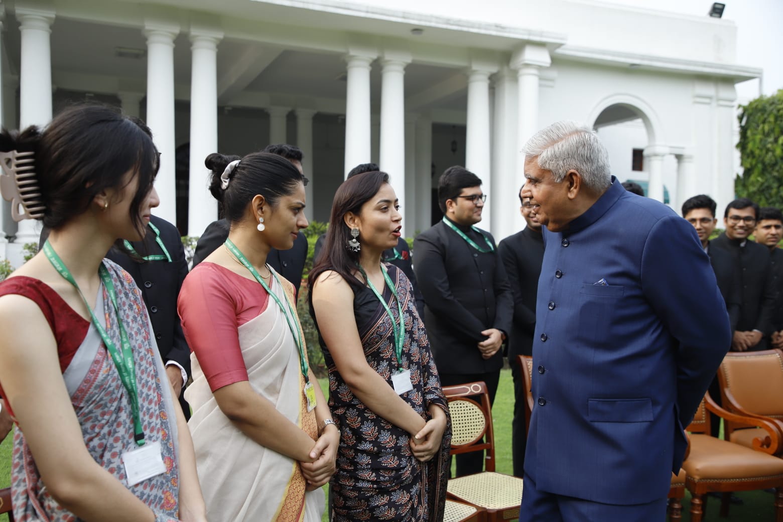 The Vice President, Shri Jagdeep Dhankhar, interacting with Indian Foreign Service Officer Trainees of 2022 Batch at Upa-Rashtrapati Nivas in New Delhi on July 17, 2023.