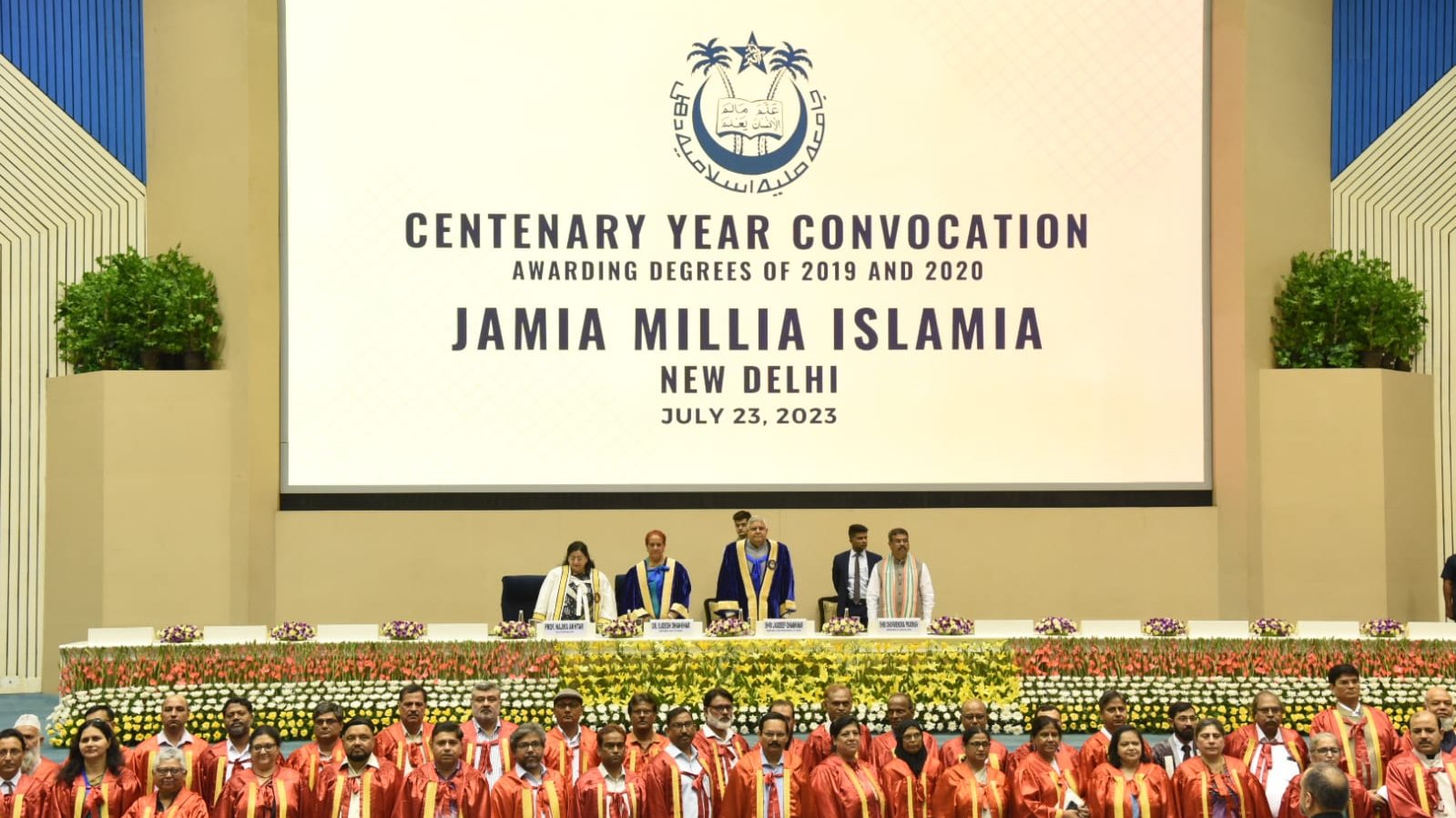 The Vice President, Shri Jagdeep Dhankhar attending the Centenary Year Convocation of Jamia Millia Islamia at Vigyan Bhawan in New Delhi on July 23, 2023.