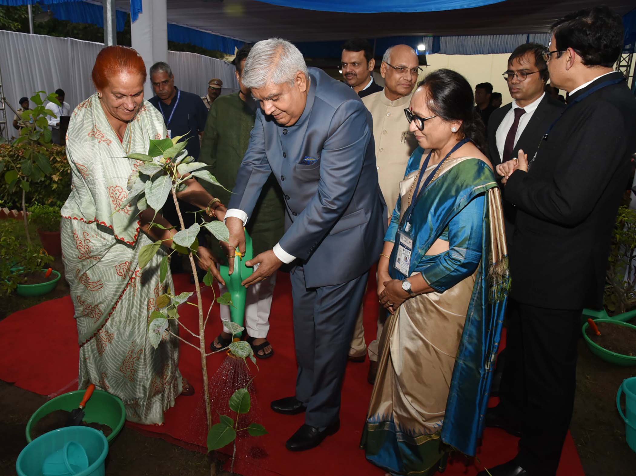 The Vice President, Shri Jagdeep Dhankhar and Dr. Sudesh Dhankhar planting a sapling at the premises of Rashtriya Pratyaksh Kar Academy Nagpur in Maharashtra on August 4, 2023.