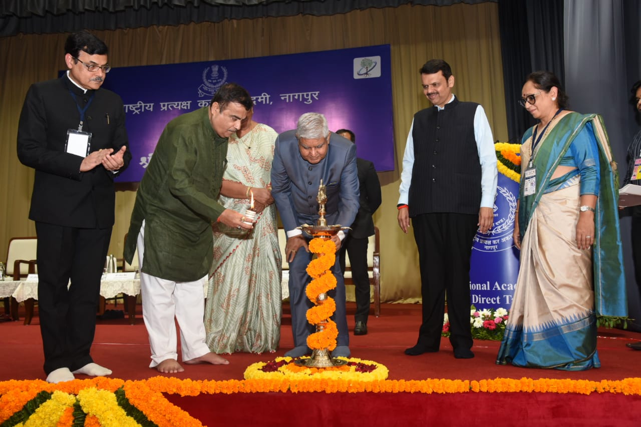 The Vice President, Shri Jagdeep Dhankhar is lighting the lamp during the Inaugural ceremony of 'PRANEETI' at National Academy Of Direct Taxes Nagpur in Maharashtra on August 4, 2023.