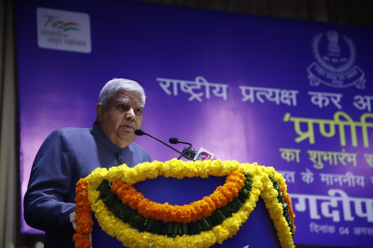 The  Vice President, Shri Jagdeep Dhankhar delivering inaugural address of ‘PRANEETI’ at the National Academy of Direct Taxes Nagpur in Maharashtra on August 4, 2023.