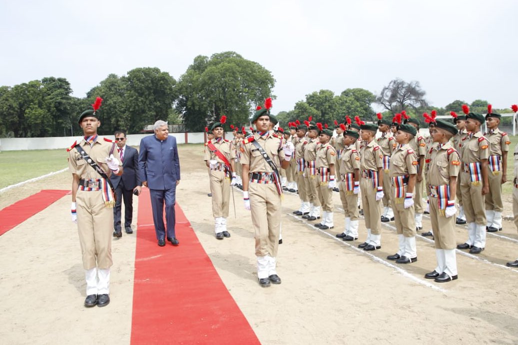The Vice-President, Shri Jagdeep Dhankhar inspecting the Guard of Honour on his arrival at his Alma Mater, Sainik School, Chittorgarh in Rajasthan on August 22, 2023.