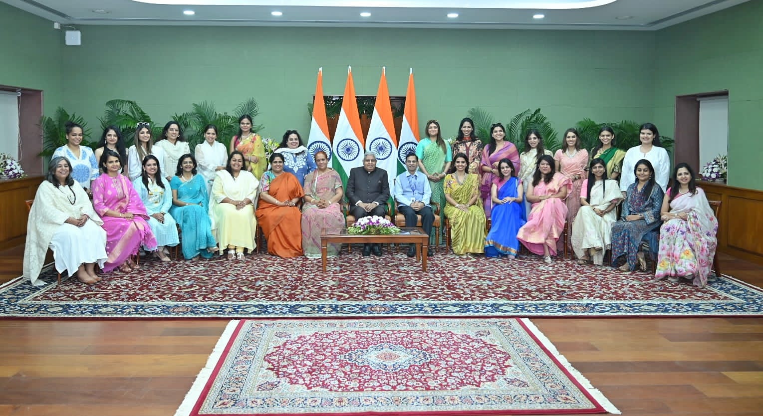 The Vice-President, Shri Jagdeep Dhankhar in a group photograph with members of FICCI FLO Bangalore Chapter at Upa-Rashtrapati Nivas in New Delhi on August 25, 2023.