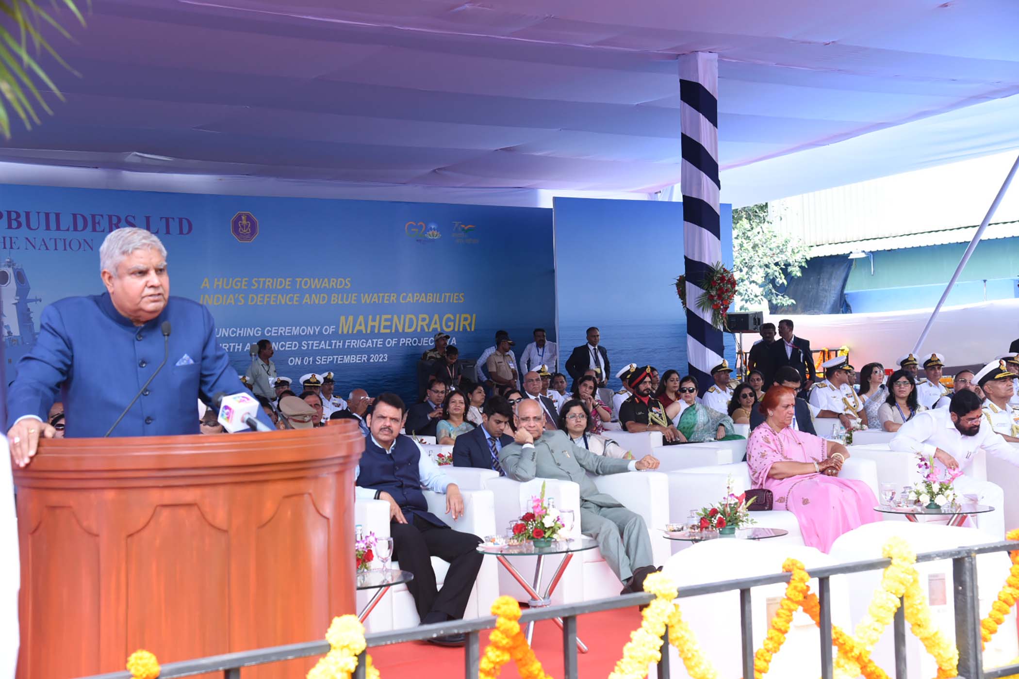The Vice-President, Shri Jagdeep Dhankhar addressing the gathering at the launch of Mahendragiri, the 7th  ship of the Project 17A Frigates at Mazagon Dock Shipbuilders Ltd. in Mumbai, Maharashtra on September 1, 2023.