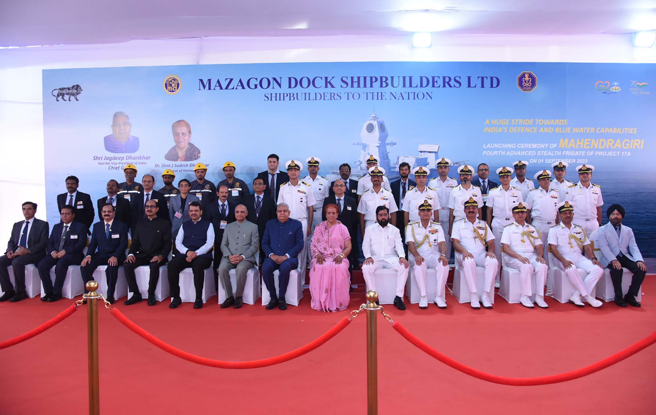 The Vice-President Shri Jagdeep Dhankhar at the launching ceremony of the Mahendragiri, at Mazagon Dock Shipbuilders Ltd. in Mumbai, Maharashtra on September 1, 2023.