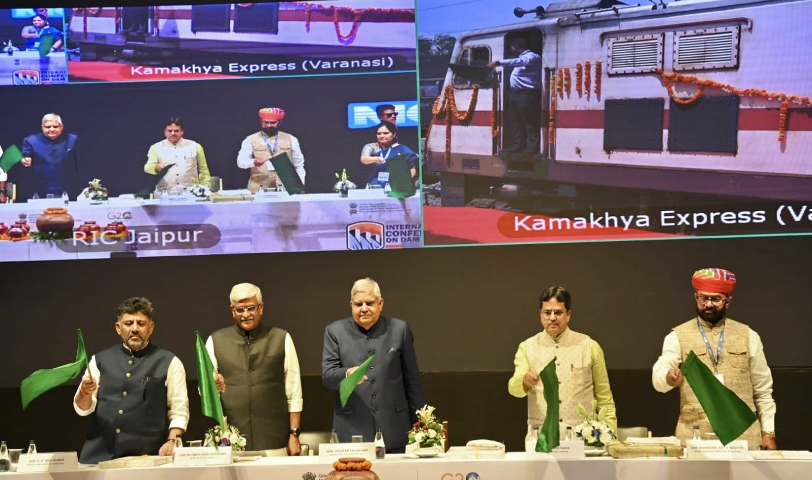  The Vice-President, Shri Jagdeep Dhankhar flagging off the vinyl wrapped train 'Kamakhya Express' under National Water Mission of the Ministry of Jal Shakti, through video conferencing from Jaipur, Rajasthan on September 14, 2023.