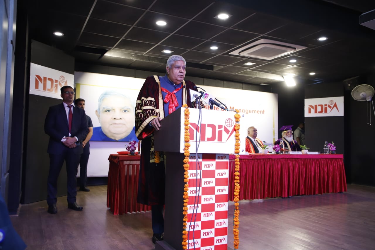The Vice-President, Shri Jagdeep Dhankhar addressing the gathering  during its 25th Annual Convocation of New Delhi Institute of Management in New Delhi on August 25, 2023.