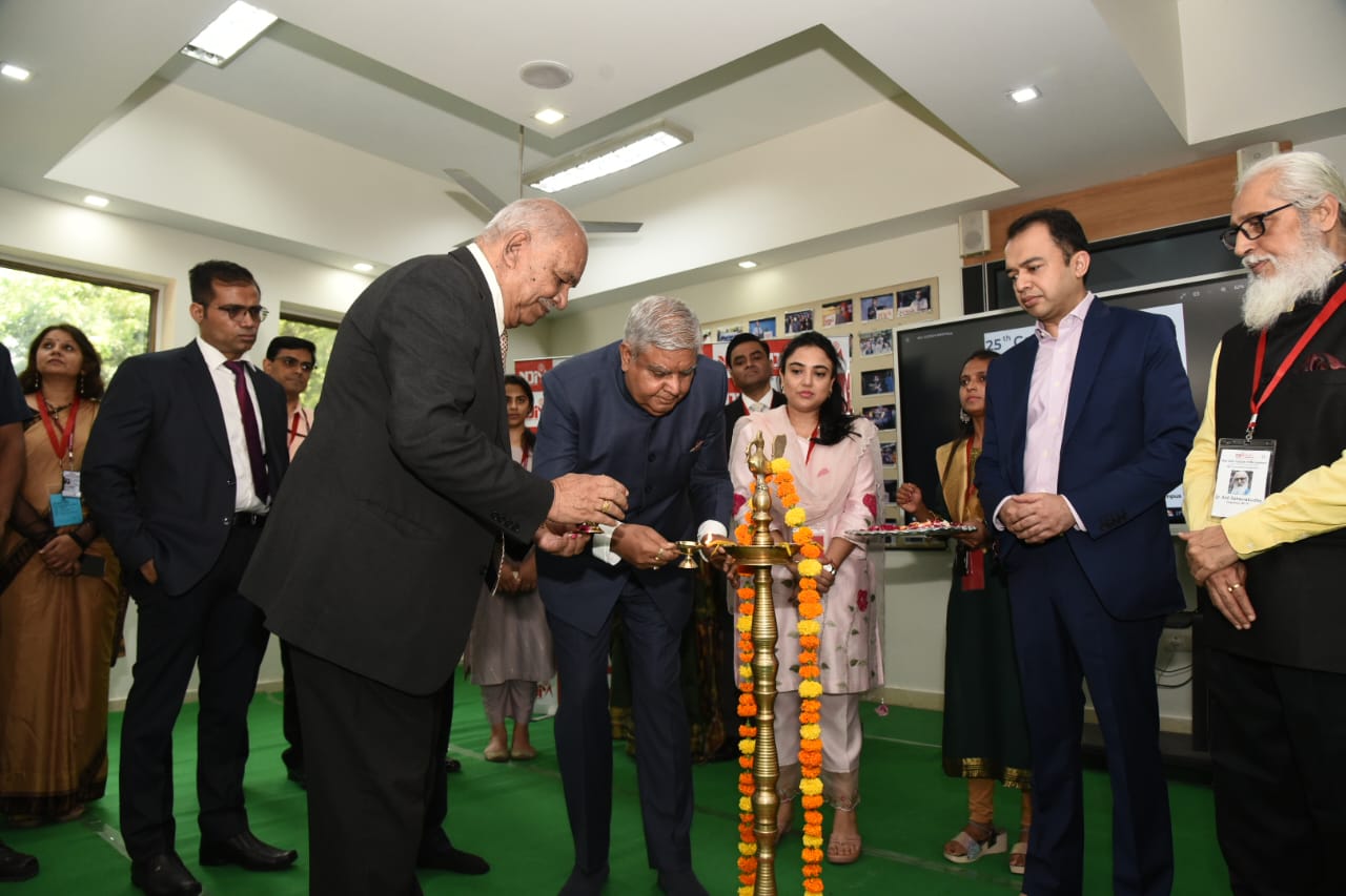 The Vice-President, Shri Jagdeep Dhankhar lighting the lamp at the 25th Annual Convocation of New Delhi Institute of Management in New Delhi on August 25, 2023.