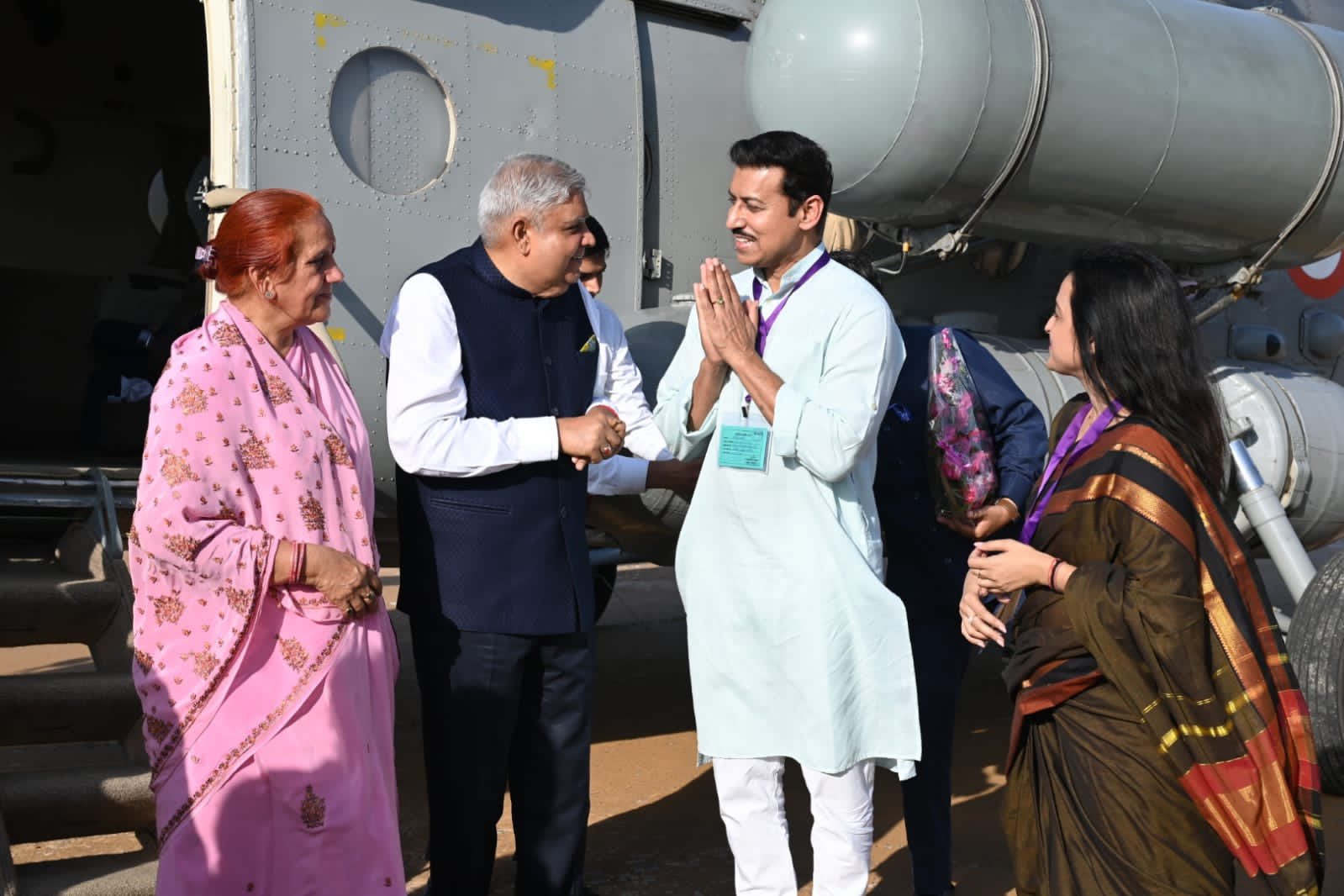 The Vice-President, Shri Jagdeep Dhankhar & Dr Sudesh Dhankhar being welcomed by Col. Rajyavardhan Rathore, Member of Parliament and other dignitaries on their arrival in Shahpura, Rajasthan on October 6, 2023.