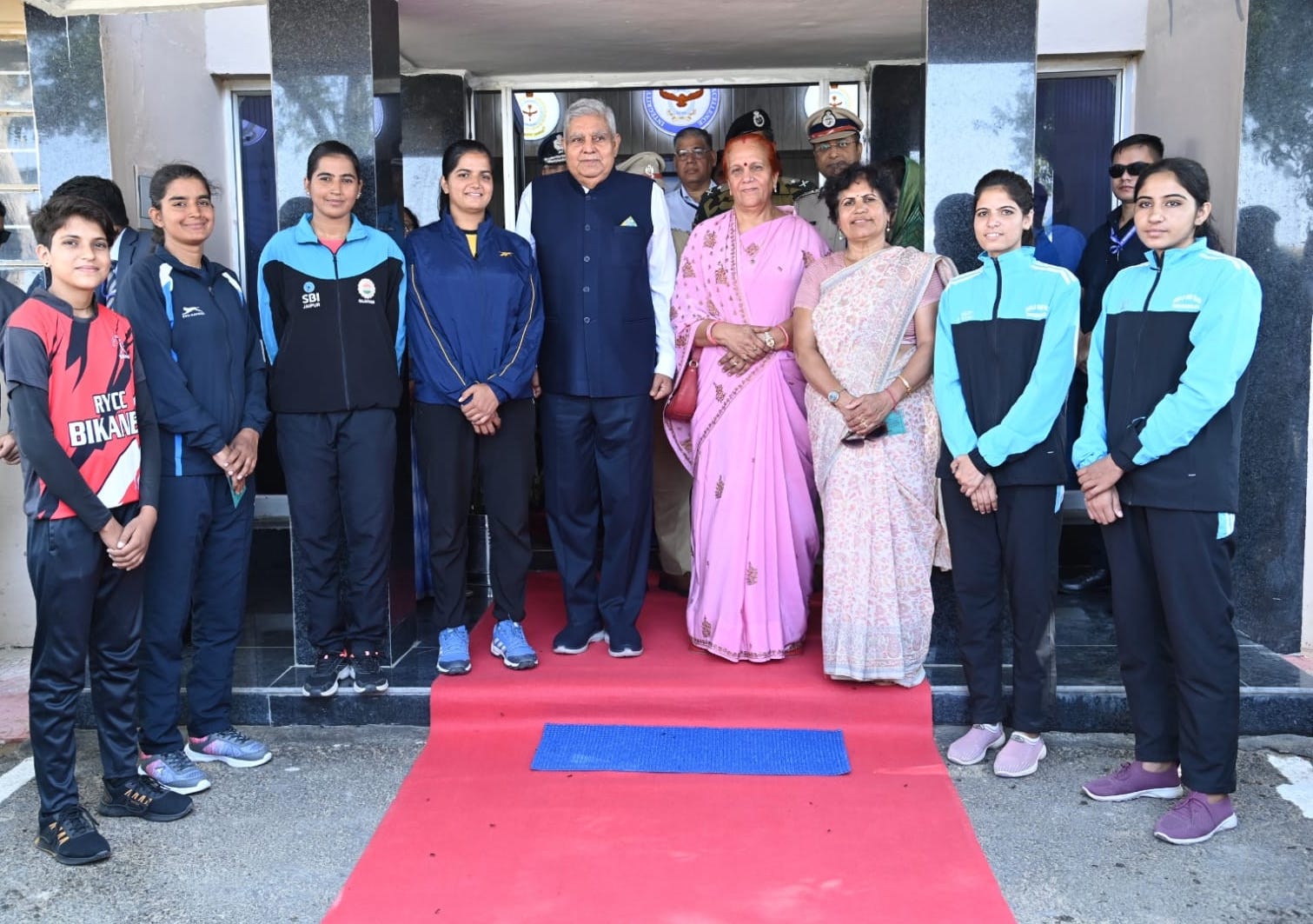 The Vice-President, Shri Jagdeep Dhankhar meeting national and international level players from the Bikaner district at Nal Air Force Station in Bikaner, Rajasthan on October 6, 2023 .