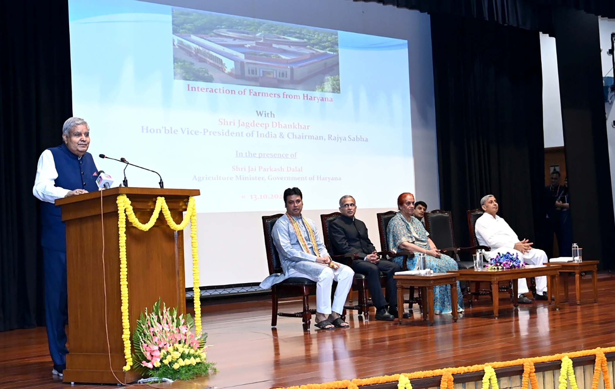 The Vice-President, Shri Jagdeep Dhankhar addressing the farmers who visited the Parliament House Complex in New Delhi on October 13, 2023.