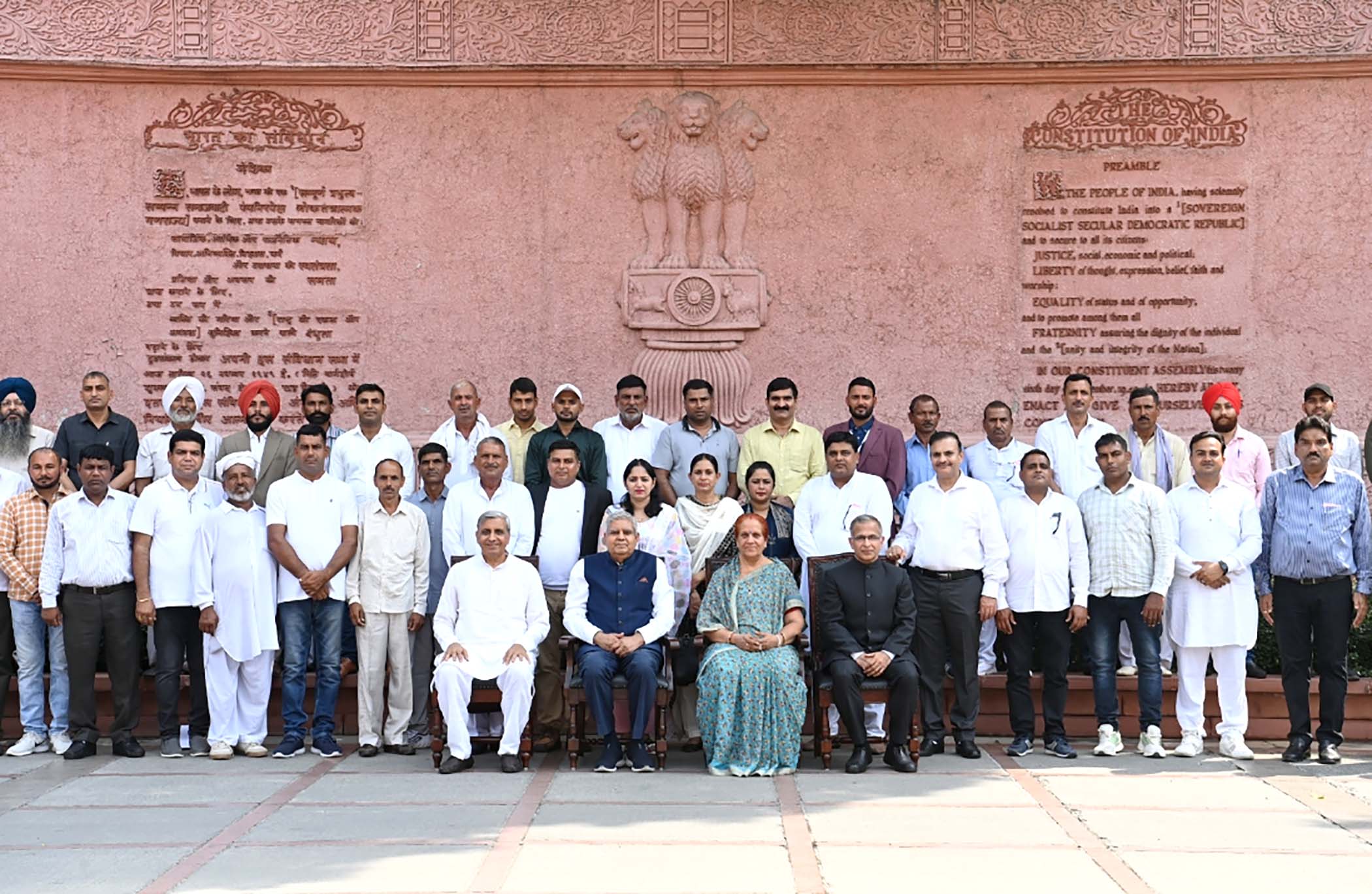 The Vice-President, Shri Jagdeep Dhankhar with a group of award winning farmers from Haryana who came to visit Parliament House in New Delhi on October 13, 2023.