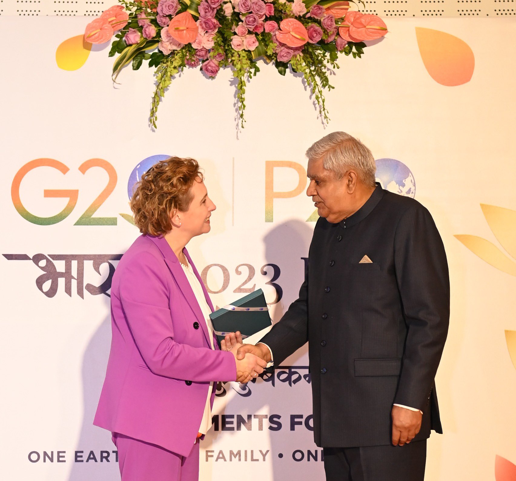 The Vice-President of India and Chairman, Rajya Sabha, Shri Jagdeep Dhankhar, welcomes Speakers and Heads of Delegations attending the Ninth G20 Parliamentary Speakers' Summit (P20) for the lunch hosted by him at Yashobhoomi in New Delhi on October 14, 2023.