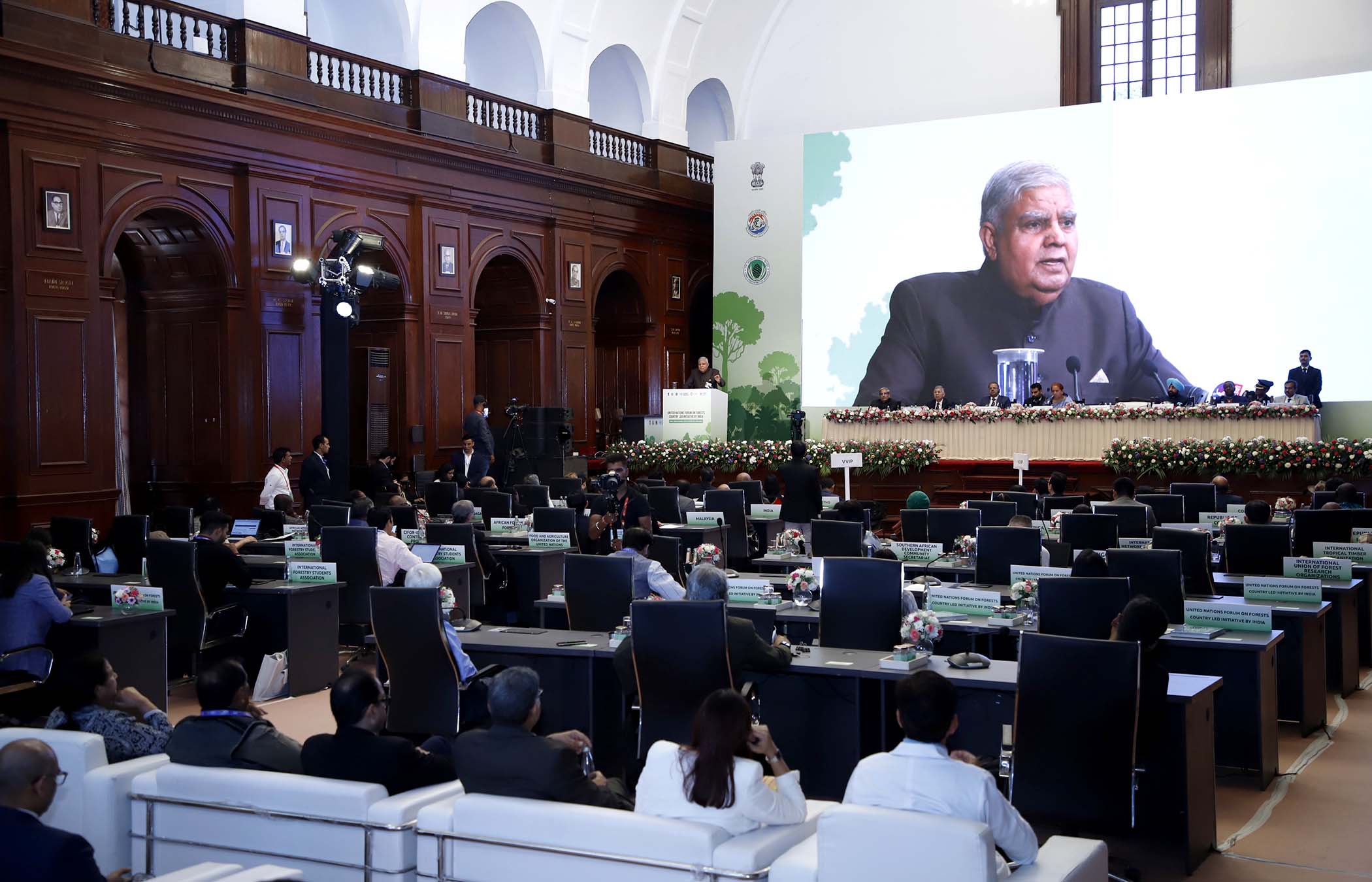 The Vice-President, Shri Jagdeep Dhankhar addressing the United Nations Forum on Forests (UNFF) Country-Led Initiative by India at Forest Research Institute (FRI) in Dehradun, Uttarakhand on October 27, 2023.