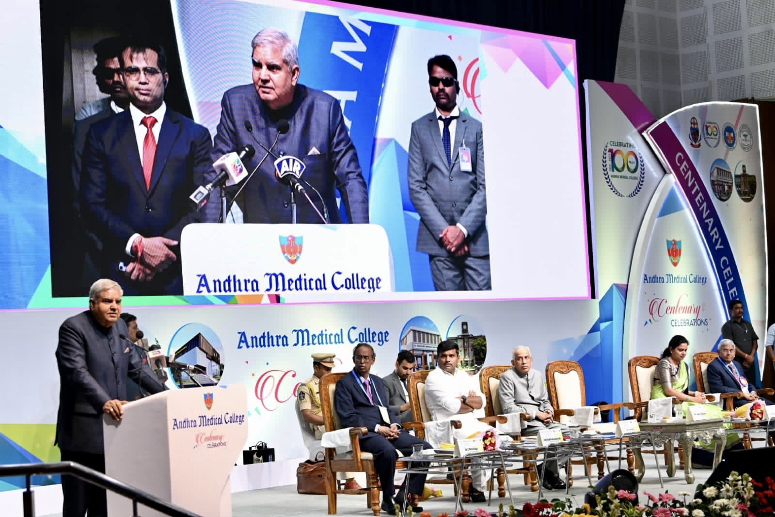 The Vice-President, Shri Jagdeep Dhankhar addressing the gathering during Centenary celebrations of the Andhra Medical College, Visakhapatnam in Andhra Pradesh on October 28, 2023.