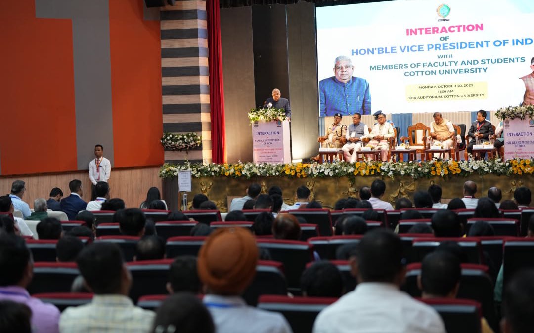 The Vice-President, Shri Jagdeep Dhankhar interacting with the students and faculty members of Cotton University, Guwahati in Assam on October 30, 2023.
