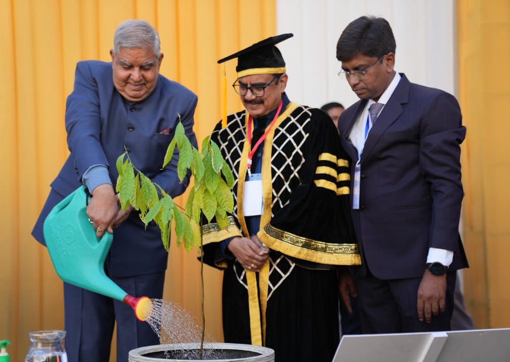 The Vice-President, Shri Jagdeep Dhankhar planting a sapling on the premises of Cotton University, Guwahati in Assam on October 30, 2023.