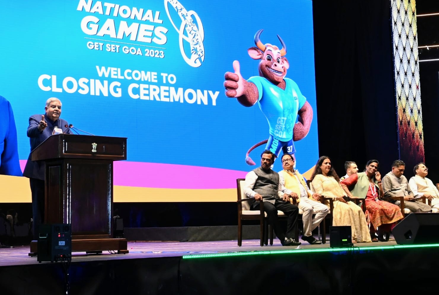 The Vice-President, Shri Jagdeep Dhankhar addressing the gathering at the closing ceremony of the 37th National Games in Goa on November 9, 2023.