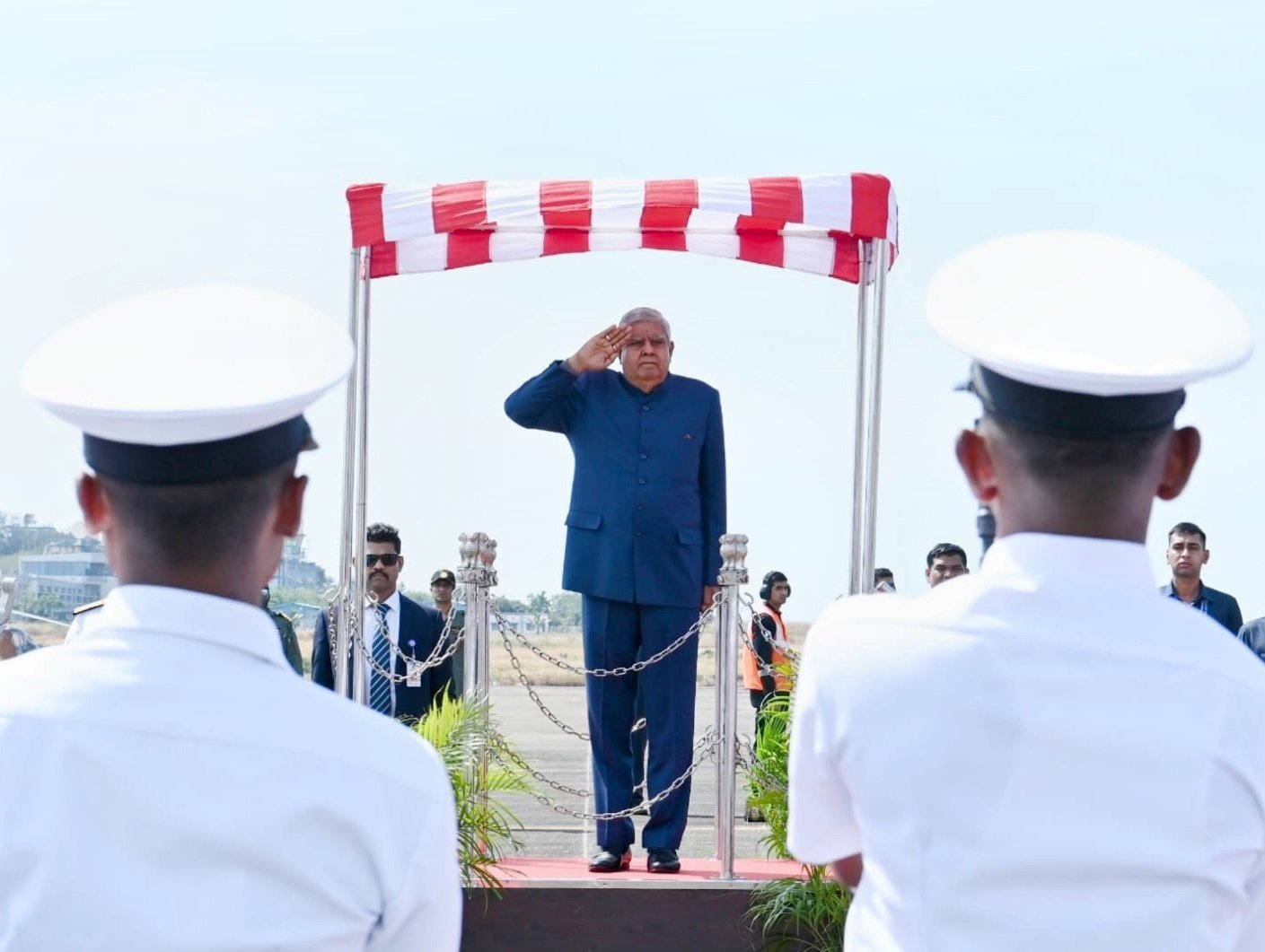 The Vice-President, Shri Jagdeep Dhankhar inspecting the Guard of Honour on his arrival in Goa on November 9, 2023.