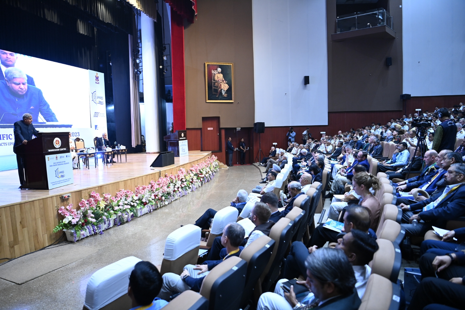 The Vice-President, Shri Jagdeep Dhankhar addressing the gathering at the 2023 edition of the “Indo-Pacific Regional Dialogue” at Zorawar Auditorium, Manekshaw Centre in New Delhi on November 15, 2023.