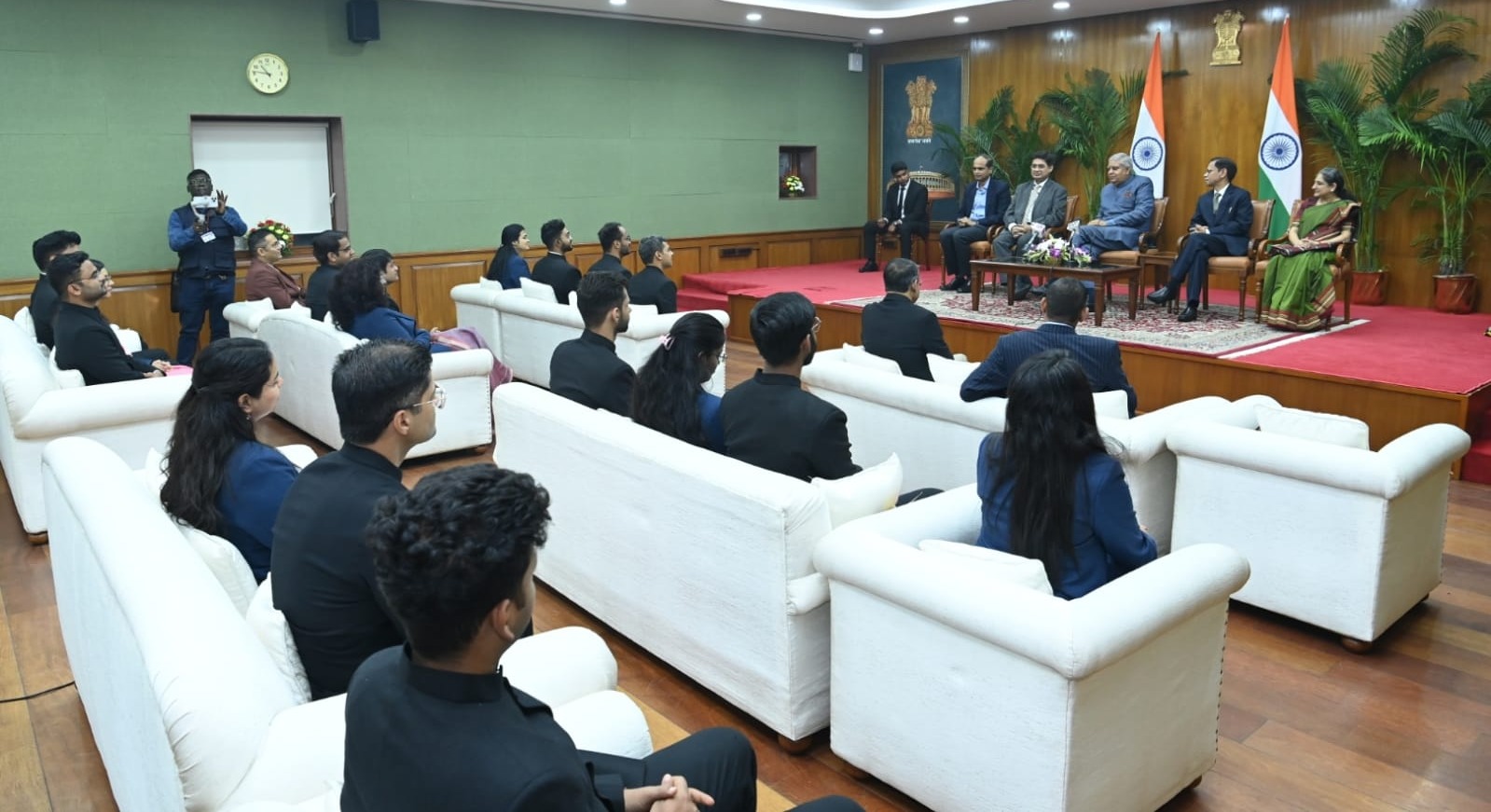 The Vice-President, Shri Jagdeep Dhankhar interacting with the Officer Trainees of the 2021 and 2022 batches of the Indian Defence Accounts Service at Upa-Rashtrapati Nivas in New Delhi on November 15, 2023.