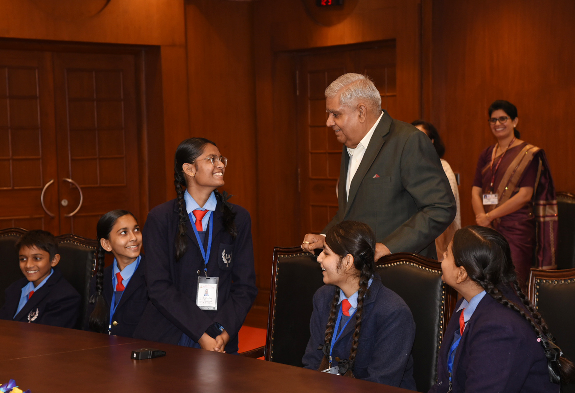 The Vice-President, Shri Jagdeep Dhankhar interacting with students of Little Kingdom School, Jabalpur at Parliament House Complex in New Delhi on November 21, 2023.