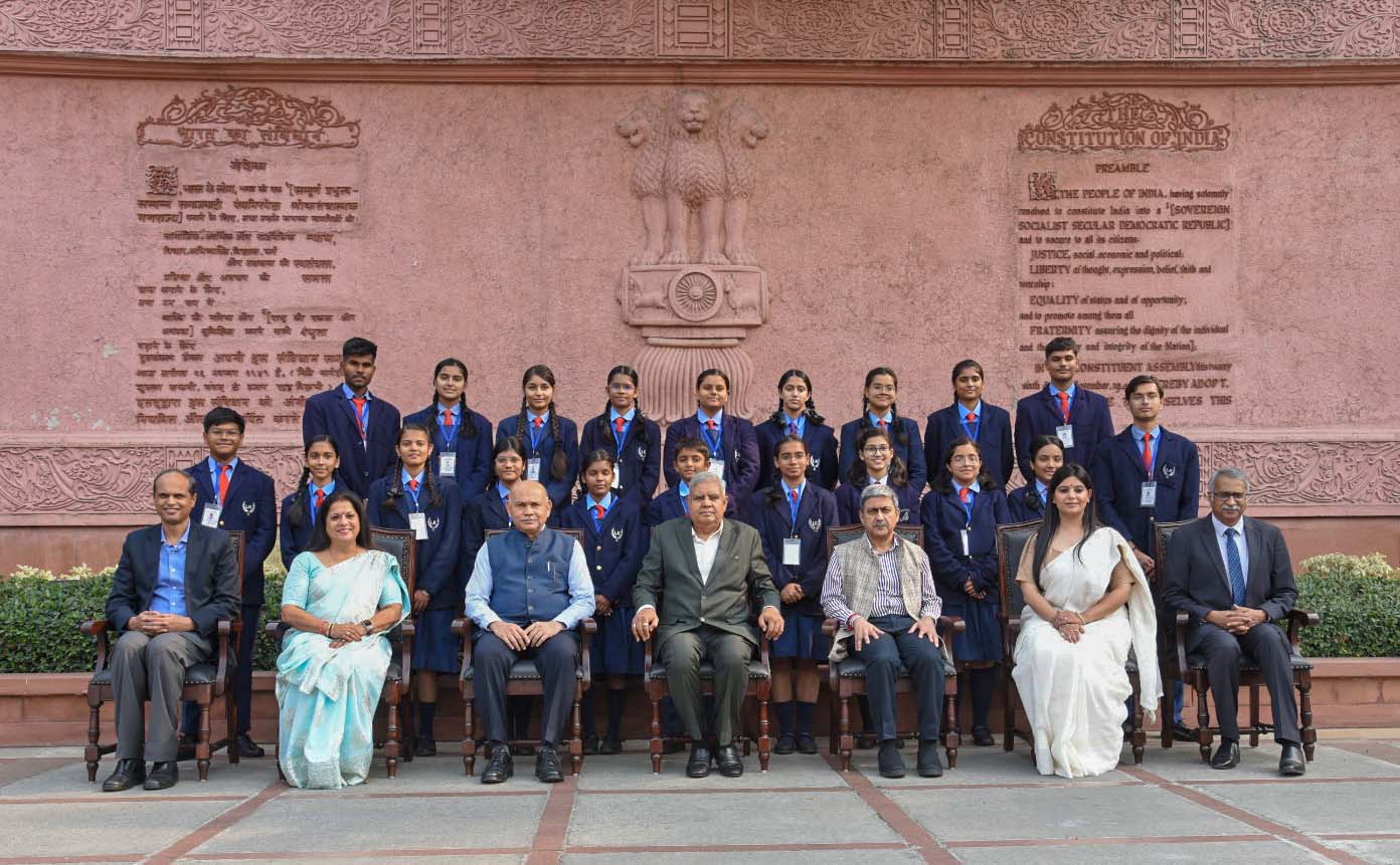 The Vice-President, Shri Jagdeep Dhankhar in a group photograph at Parliament House Complex in New Delhi on November 21, 2023.