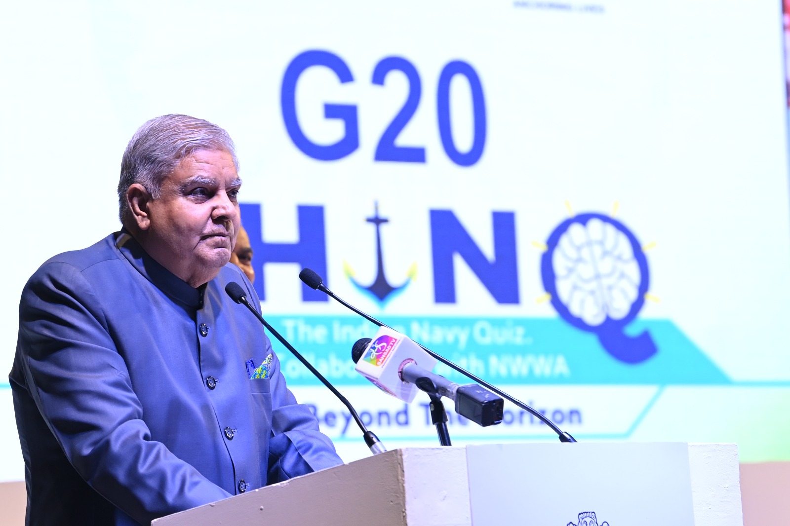  The Vice-President, Shri Jagdeep Dhankhar addressing the Finals of G20 THINQ (The Indian Navy Quiz) at India Gate in New Delhi on November 23, 2023.
