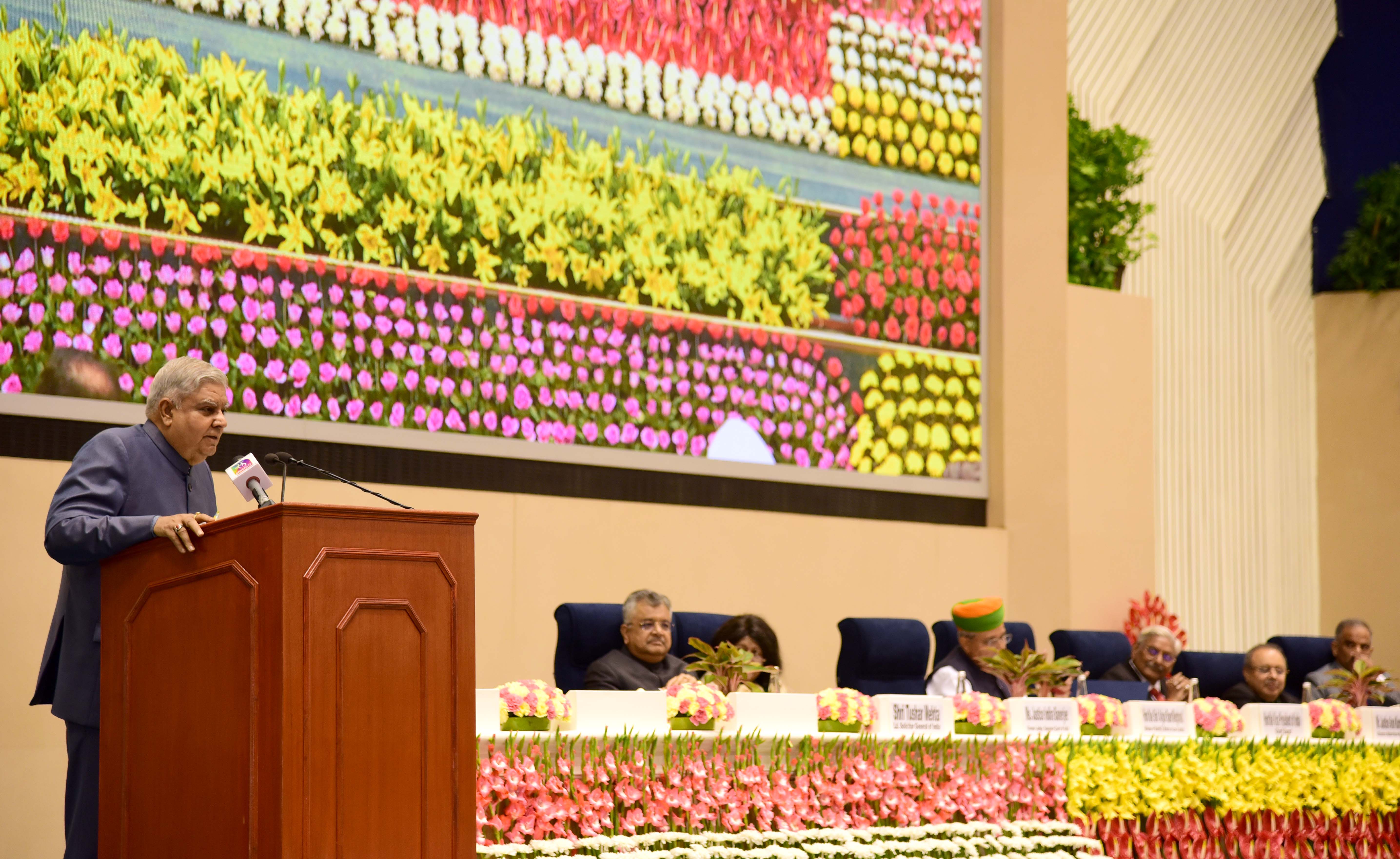 The Vice-President, Shri Jagdeep Dhankhar addressing the gathering at the Constitution Day celebrations at Vigyan Bhawan in New Delhi on November 26, 2023.