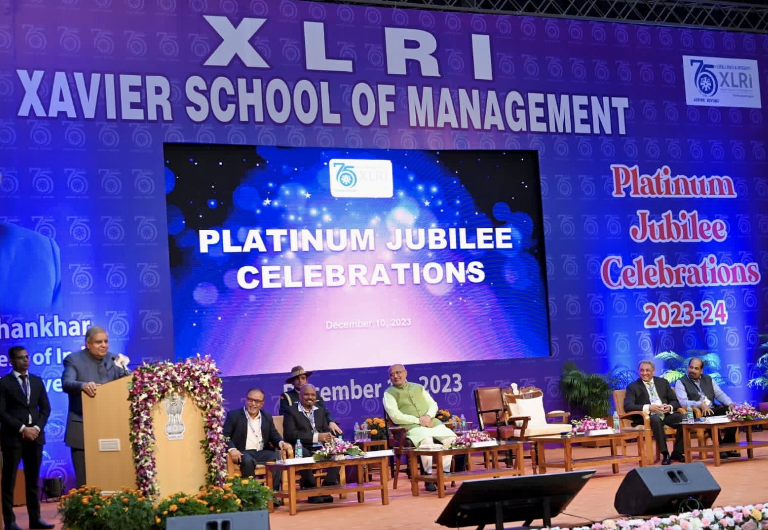 The Vice-President, Shri Jagdeep Dhankhar addressing the gathering at the Platinum Jubilee celebrations of XLRI-Xavier School of Management at Jamshedpur in Jharkhand on December 10, 2023.