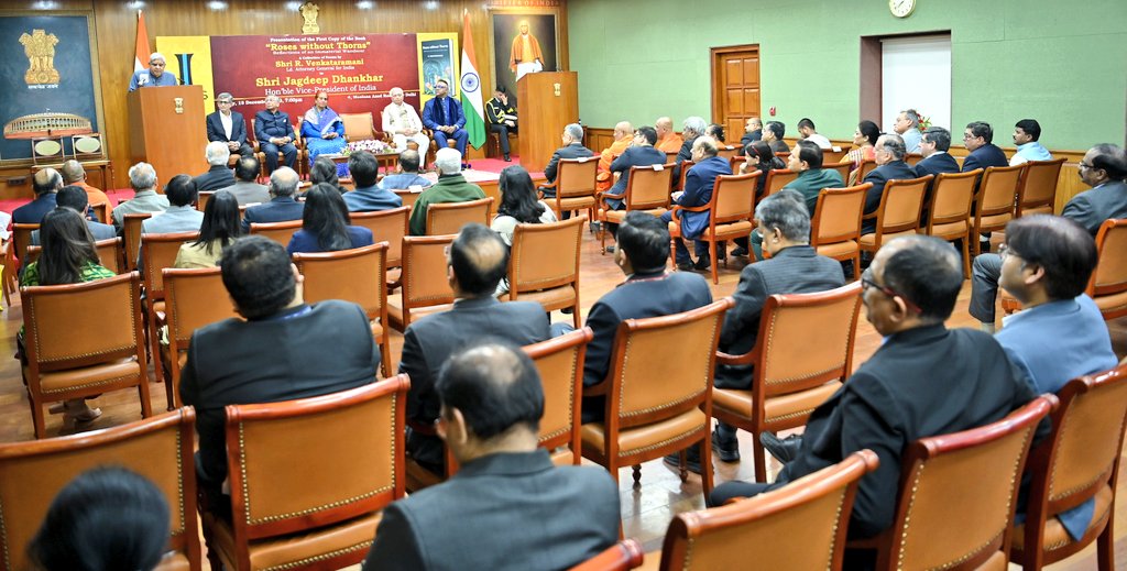 The Vice-President addressing the gathering during presentation of the first copy of the book "Roses without Thorns," authored by the Attorney-General of India at Upa-Rashtrapati Nivas in New Delhi on December 15, 2023.