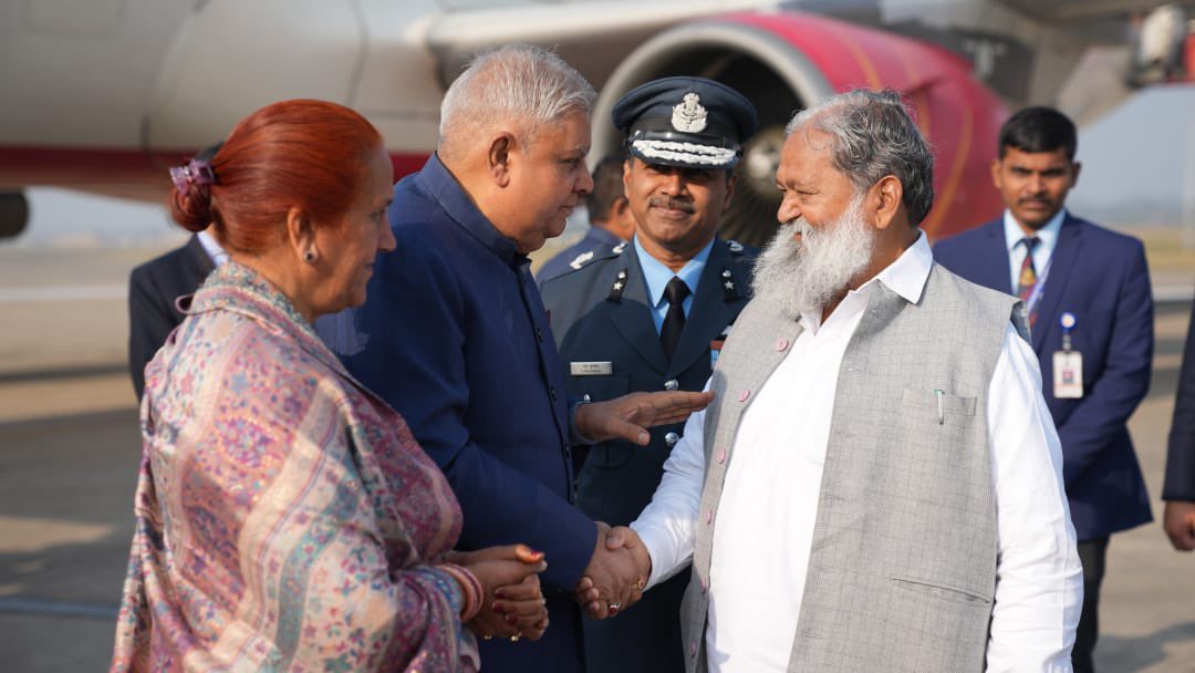 The Vice-President, Shri Jagdeep Dhankhar being welcomed by Haryana Home Minister, Shri Anil Vij and other dignitaries on his arrival at Ambala Air Base in Haryana on December 17, 2023.